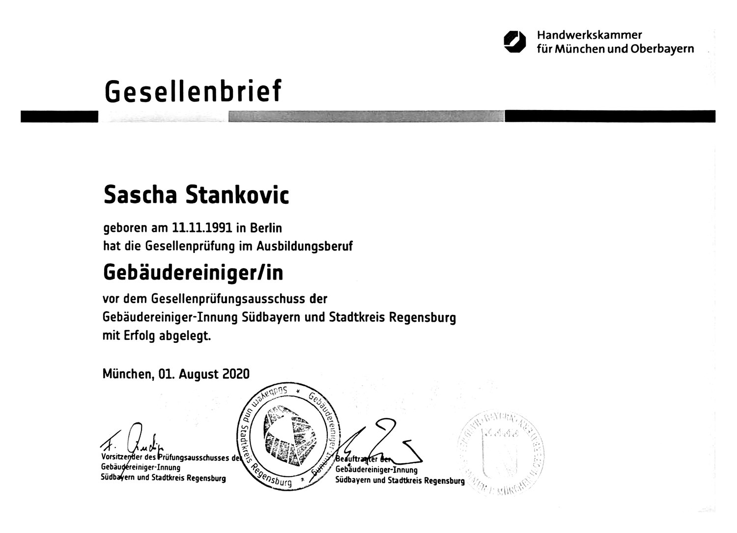 Gesellenbrief von Sascha Stankovic im Gebäudereiniger-Handwerk, Handwerkskammer für München und Oberbayern
